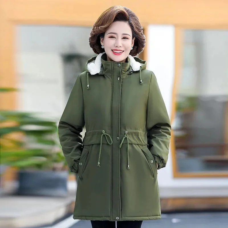 New Women Winter Coat Thick Velvet Cotton Padded Jacket Warm Snow Hooded Parkas Female Overcoat Mother Clothes Outerwear 5XL