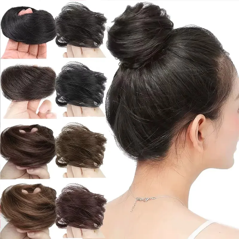 Cabelo sintético coque encaracolado cabelo reto bagunçado coque scrunchies updo faixas de cabelo elástico postiços para mulheres volume franja bun