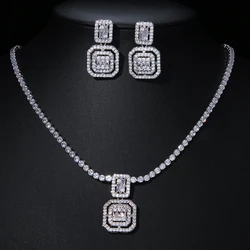 SUGO New Arrival Simple Fashion Square-design Shiny Cubic Zirconia Earrings Necklaces Sets for Young Girls Lovely Jewelry Gift