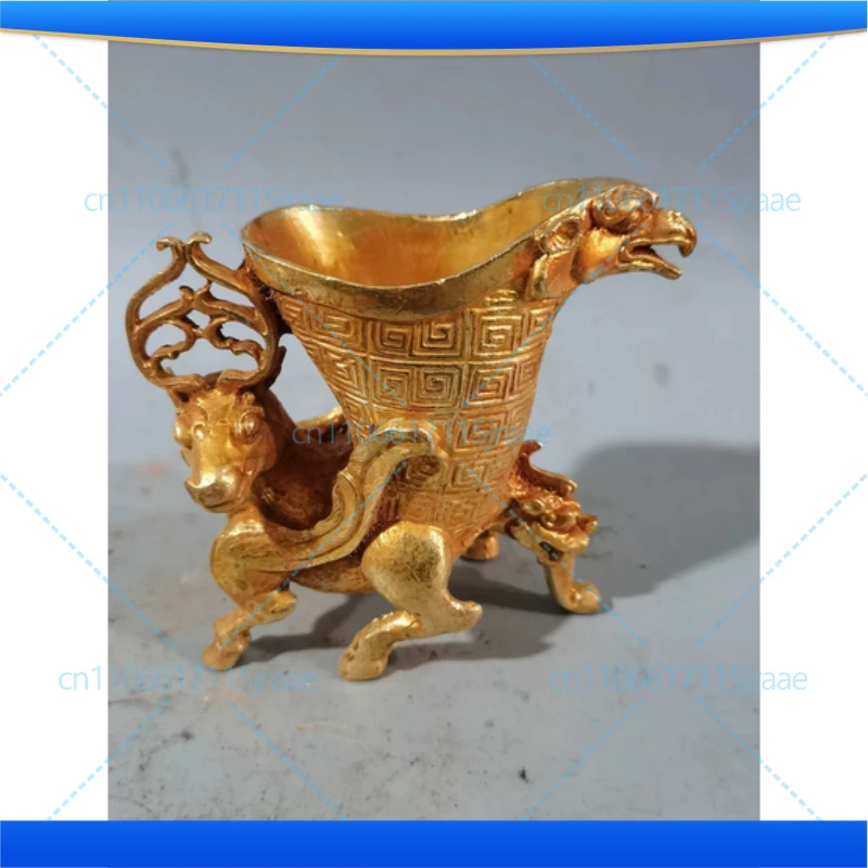 Retro copper gilt hand-carved unearthed Tang Dynasty antlers phoenix cup three-legged jazz cup wine glass ornament antique gold