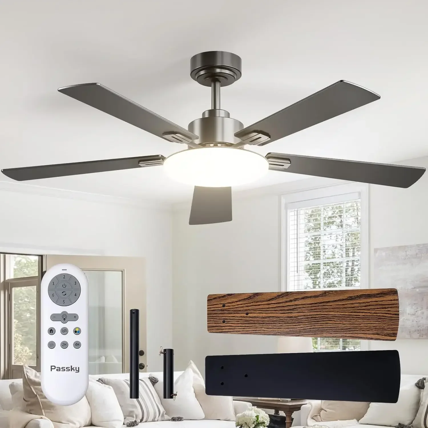 

Ceiling Fans with Lights, 52 inch Sleek Ceiling Fan with Light and Remote Control, 3CCT, Dimmable, Reversible, Noiseless,