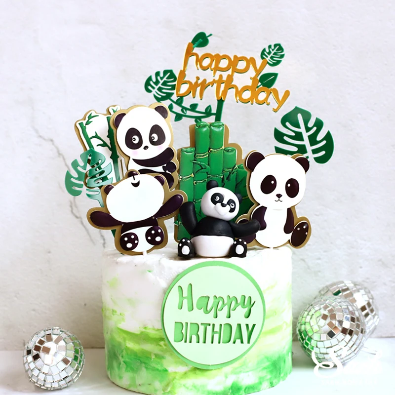 Ins Panda Cake Toppers bamboo Turtle leaf Decoration Happy Birthday for Children's Day Boy Girl Party Supplies Baking Cute Gifts