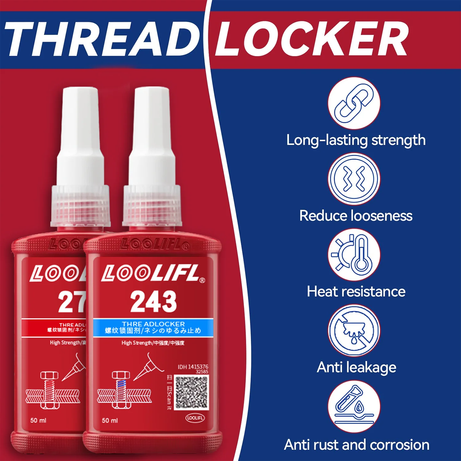 243 Thread Lock Screw Glue Anaerobic Adhesive Anti-loose Seal Lock Tight Strong Bond for Metal Nuts Bolts High Strength Repair