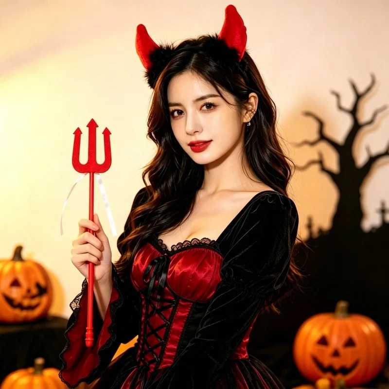 1 pieza Diadema de cuerno de diablo de Halloween con varita tridente, pluma roja y negra, aro de pelo de demonio, accesorios para disfraz de cosplay, fiesta y fotomatón.