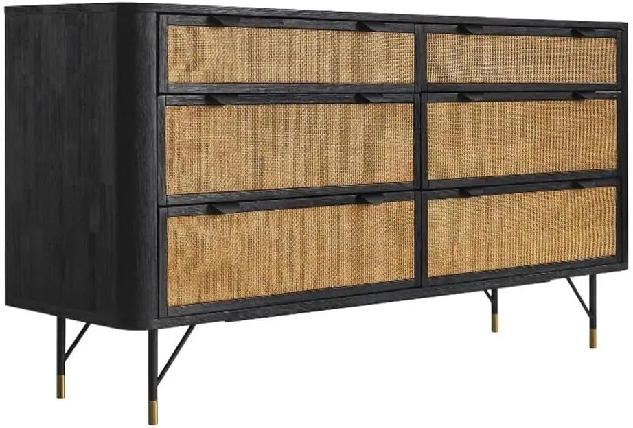 Saratoga 6 Drawer Dresser In Black Acacia With Rattan