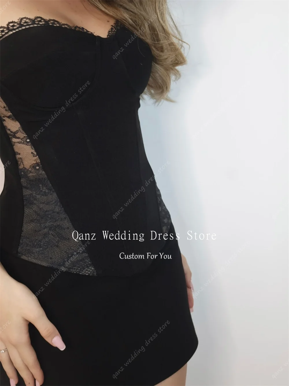 Qanz preto cetim mini vestidos de baile querida renda sexy vestido de fiesta sem mangas curto robe cocktail luxo personalizado