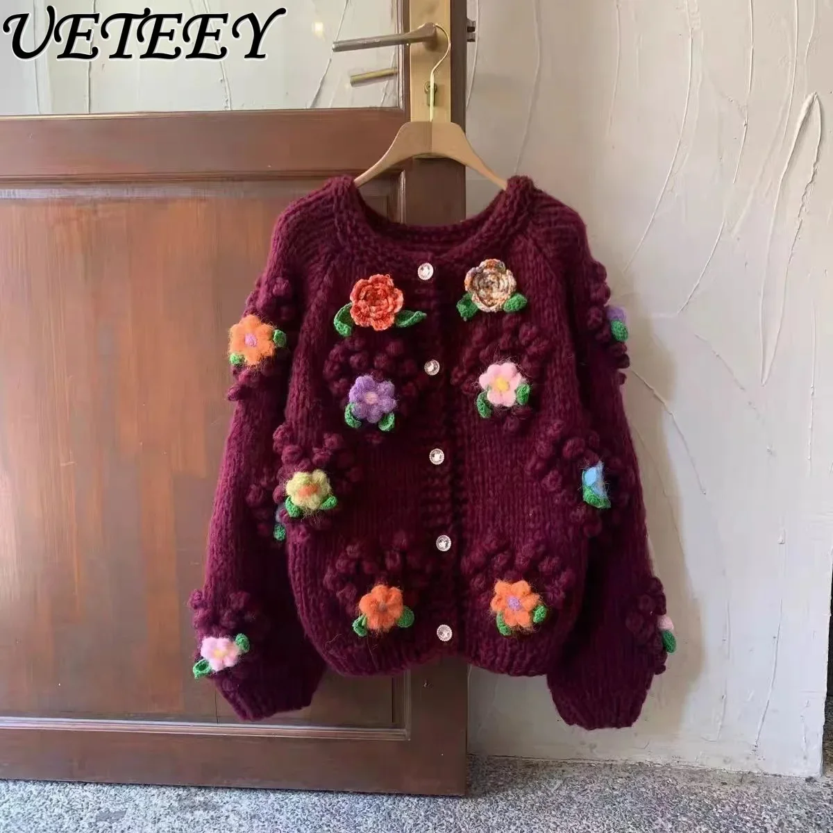 2025 Autumn Winter Thick Stick Needle Handmade Crochet Thickened Knitted Cardigan Sweet Flower Loose and Thin Sweater Jacket