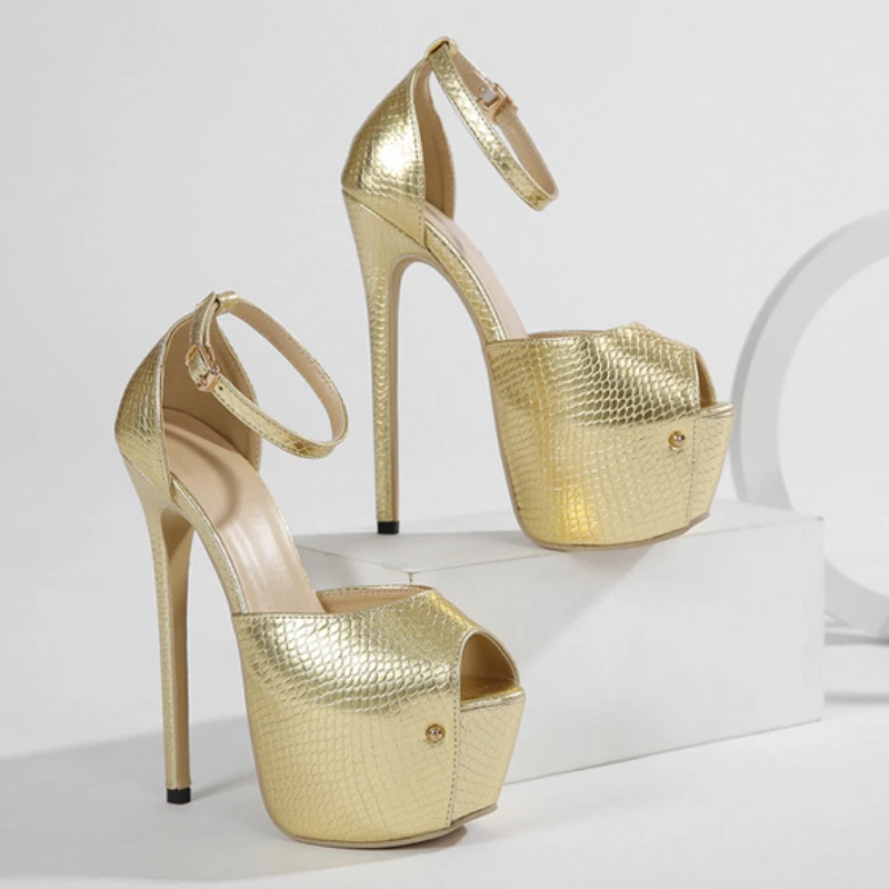 

Gold Super High Open Toe Heeled Women Sandal Sexy Party Metal Buckle Ankle Strap Banquet Party Women Pumps Stylish Stripper Shoe