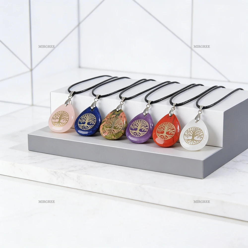 1/2/3 قطعة مزيج وتطابق الأحجار الكريمة الطبيعية قطرة على شكل شجرة الحياة قلادة قلادة ، عيد ميلاد هدية للذكرى السنوية مجوهرات