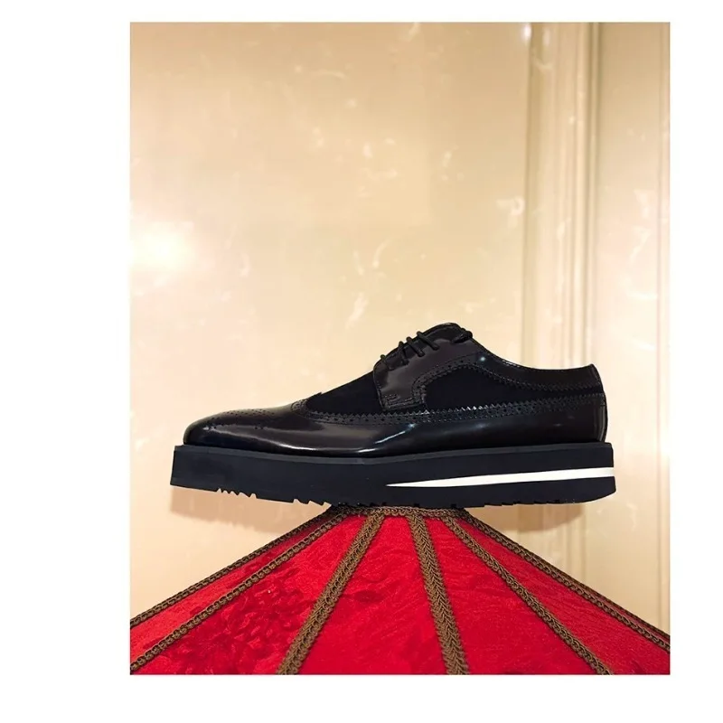 Genuine Leather Platform Shoes Men's Thick Sole Height Increasing Casual Cowhide Brogue Derby Formal Leather Shoes Male