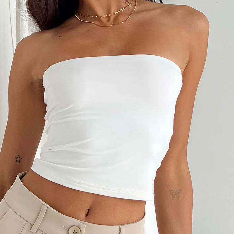 Y2K Basic Skinny Corset Camis Sleeveless Strapless Tube Top Women Off Shoulder Mini Wrap Chest Tank Top Aesthetic Streetwear