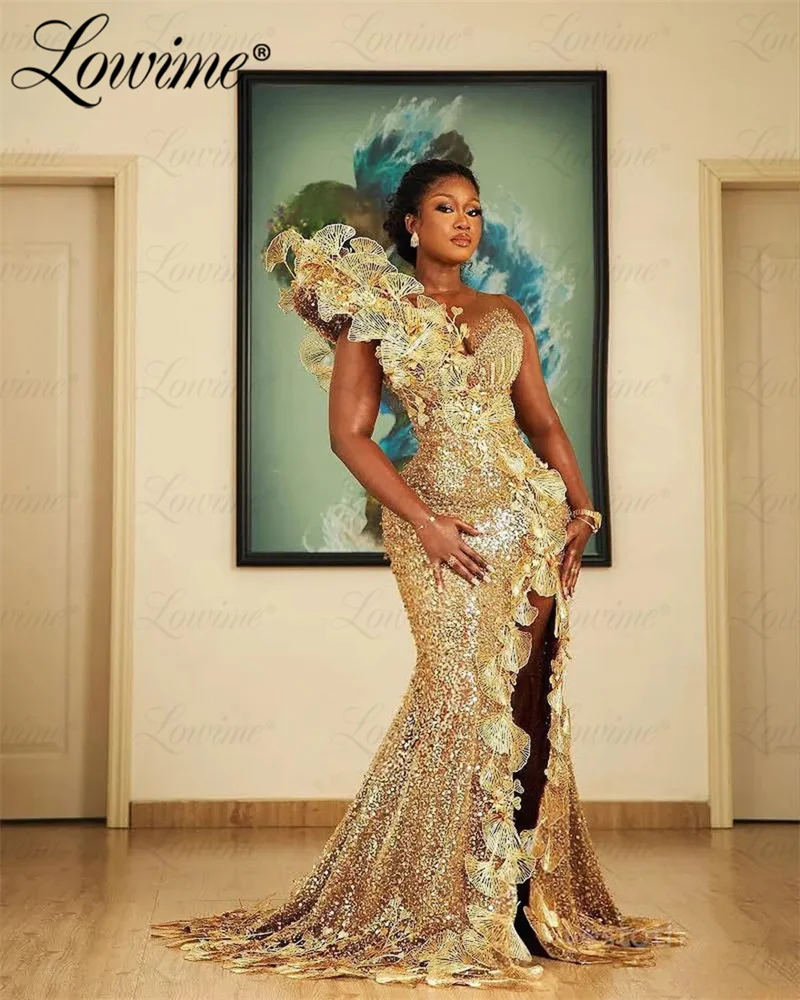 2024 Gold Plus Size Aso Ebi Prom Dresses For Black Women Evening Gowns Sequins Mermaid Sexy High Side Split Birthday Party Dress