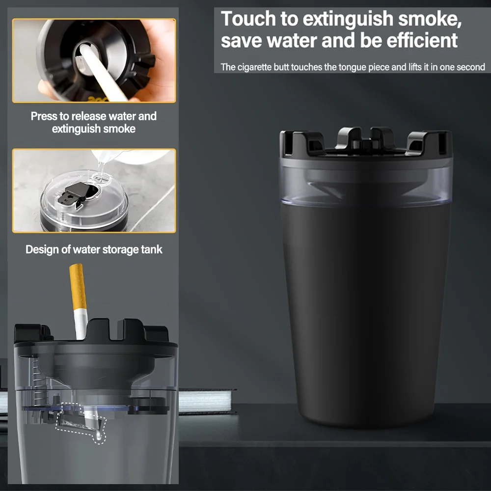 Ashtray Cigar with Water Tank Easy Cleaning Black Plastic Car Ashtray with Lid Large Capacity Cigarette Case Smoking Accessories