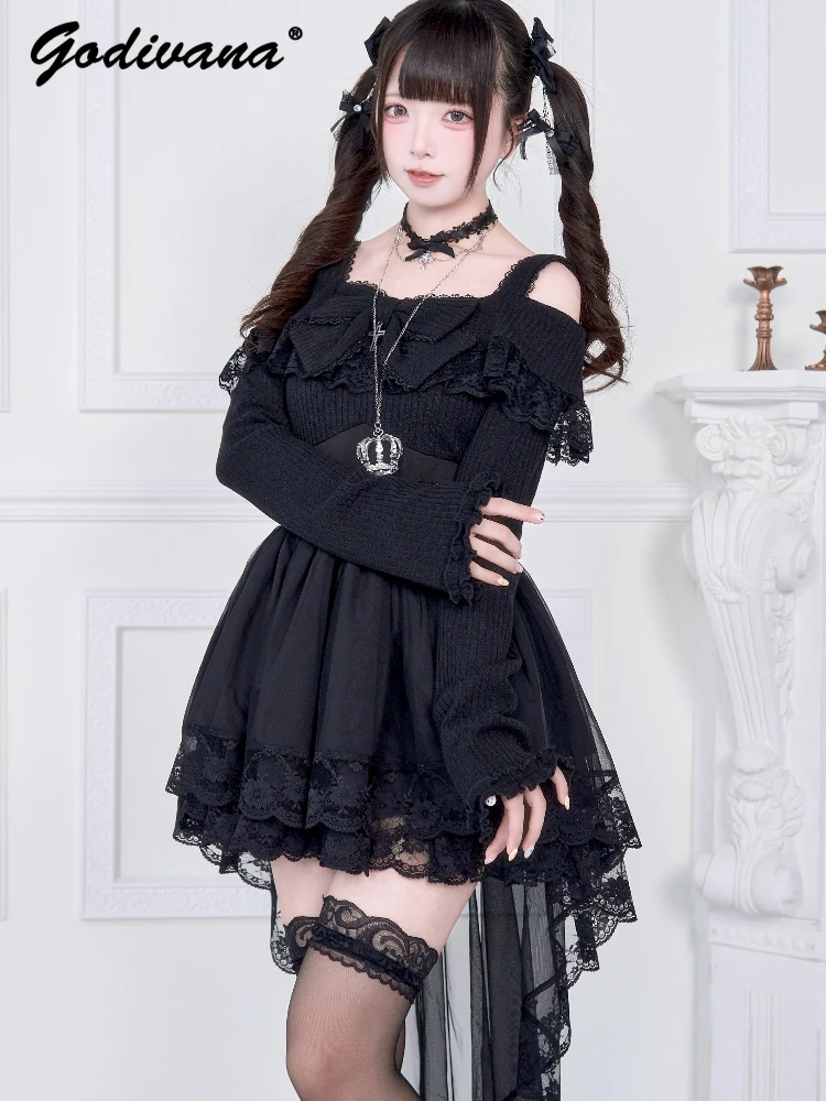 

New Autumn Subculture Sweet Girls Women's Knitted Patchwork Slim Strapless Long Sleeve Dress Lolita Big Bow Lace Tailing Dress