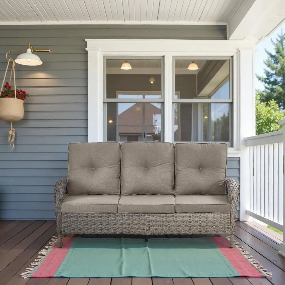 

Gray 3-Seater Wicker Sofa with Removable Cushions, High Backrest for Outdoor Patio, All-Weather Resistant