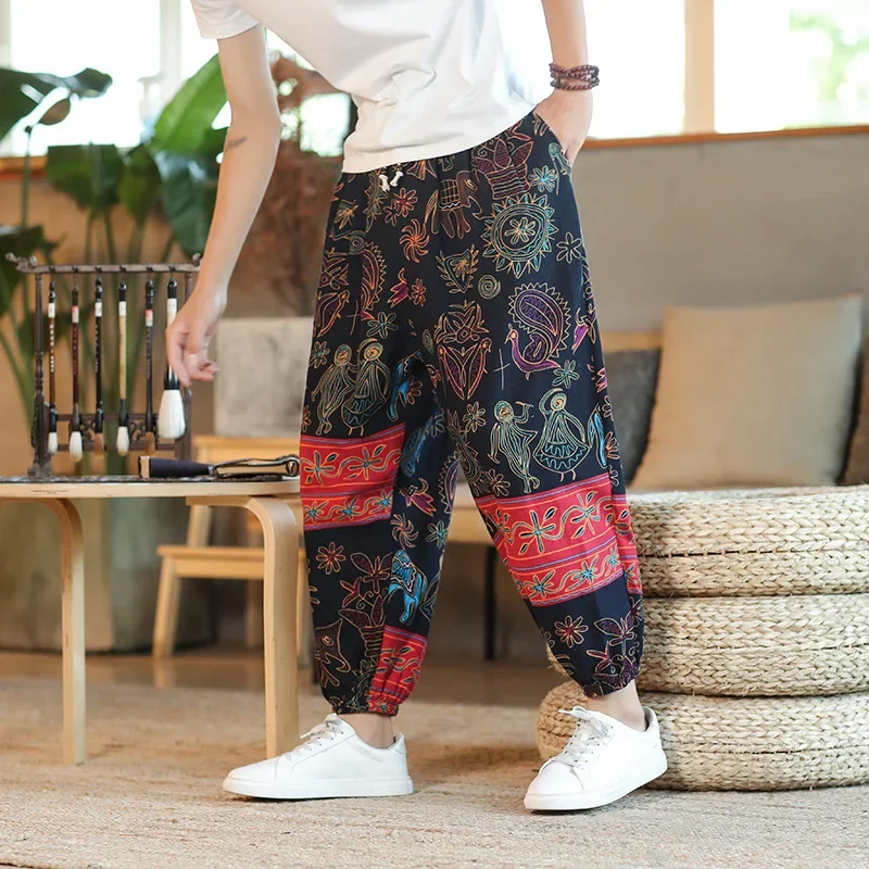 Męskie spodnie haremowe z nadrukiem 2023, nowe bawełniane lniane spodnie ze sznurkiem Streetwear Hip Hop Fitting Jogging Loose Casual Wide Leg Pants