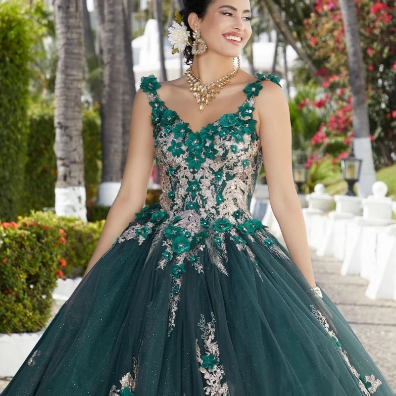 EVLAST-Vestido De quinceañera verde esmeralda, Apliques De encaje sin hombros, flores con capa, dulce 16, 15 años, TQD064