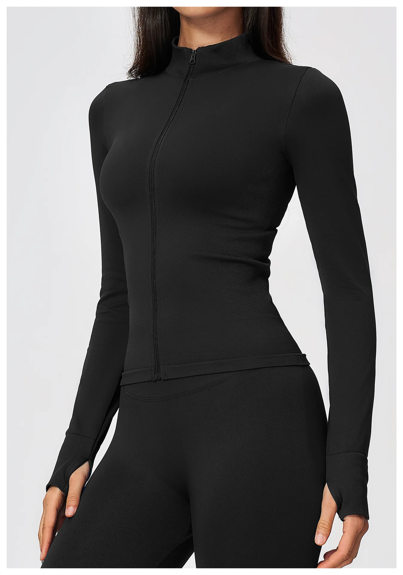 Women's Seamless Long Sleeve Yoga Top Ribbed High Neck Full Zip Slim Fit Sports Jacket Thumb Hole Workout Gym Running Activewear
