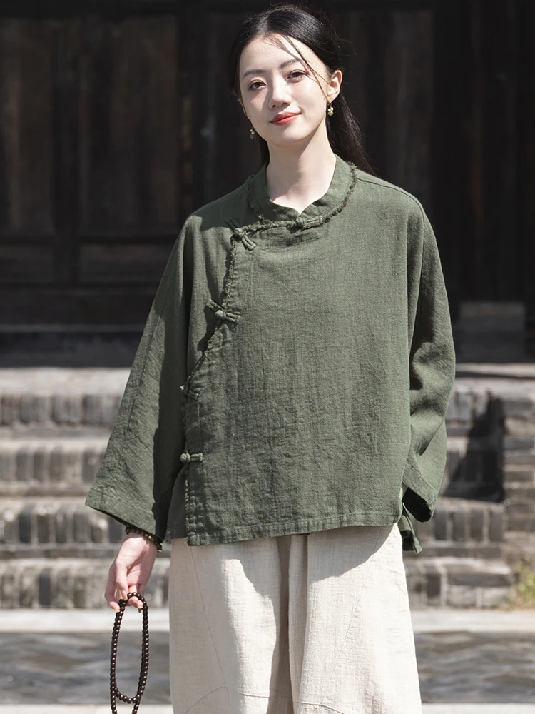 High Quality Cotton Linen Casual Shirt Women New Arrival 2025 Spring Chinese Style Vintage Solid Color Female Tops Shirts M403