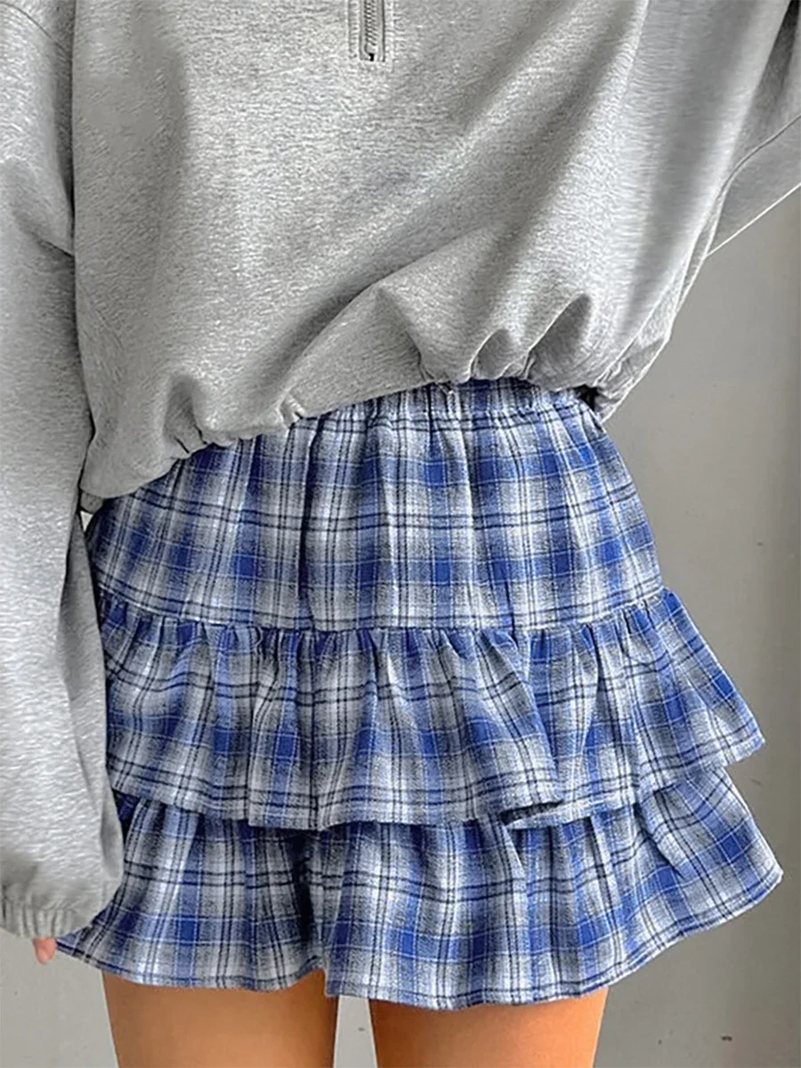 New Fashion Women Mini A-Line Skirt Casual Summer Plaid Print Ruffled Layered Skirt For Beach Vacation Club Streetwear S M L