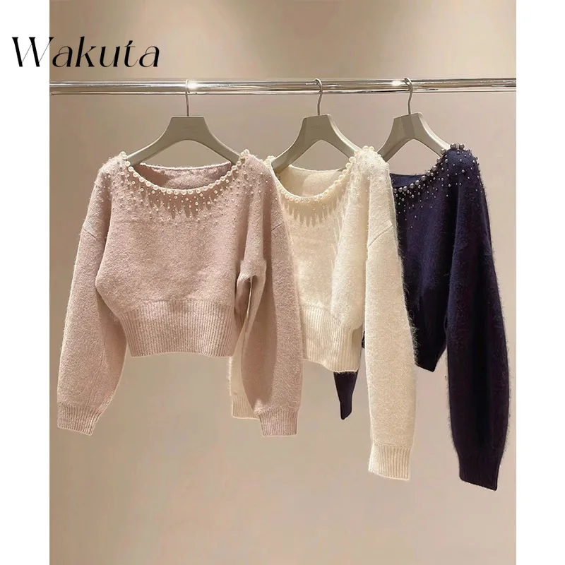 WAKUTA Japanese Sweet Round Neck Strapless Bat Sleeve Knit Sweater Fashion Solid Color Imitation Pearl Decoration Waist Pullover