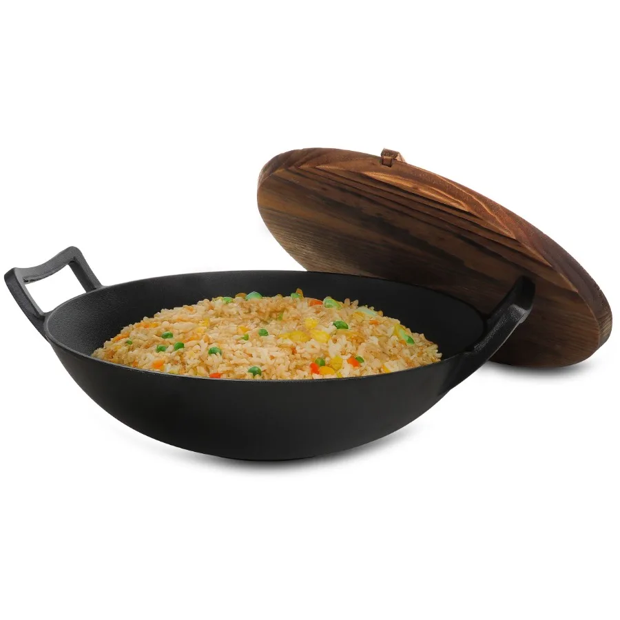 

14 Inch Heavy Duty Cast Iron Wok with Wood Lid