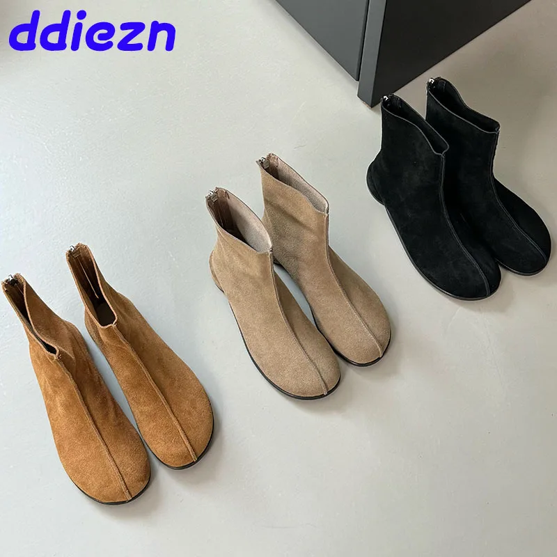 

Flats Fashion Round Toe Ladies Ankle Boots Zippers Shoes Footwear Flock Women Short Booties Female Flat With Shoes