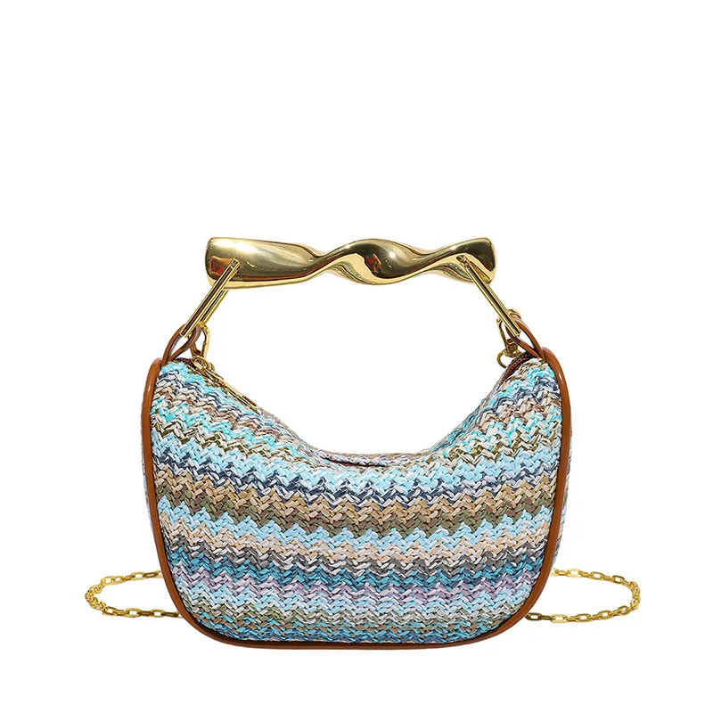 2025 arc-en-ciel paille tissé or poignée en métal sac à main marque concepteur femmes pochette sac à main de luxe tissé à la main bandoulière sac à bandoulière