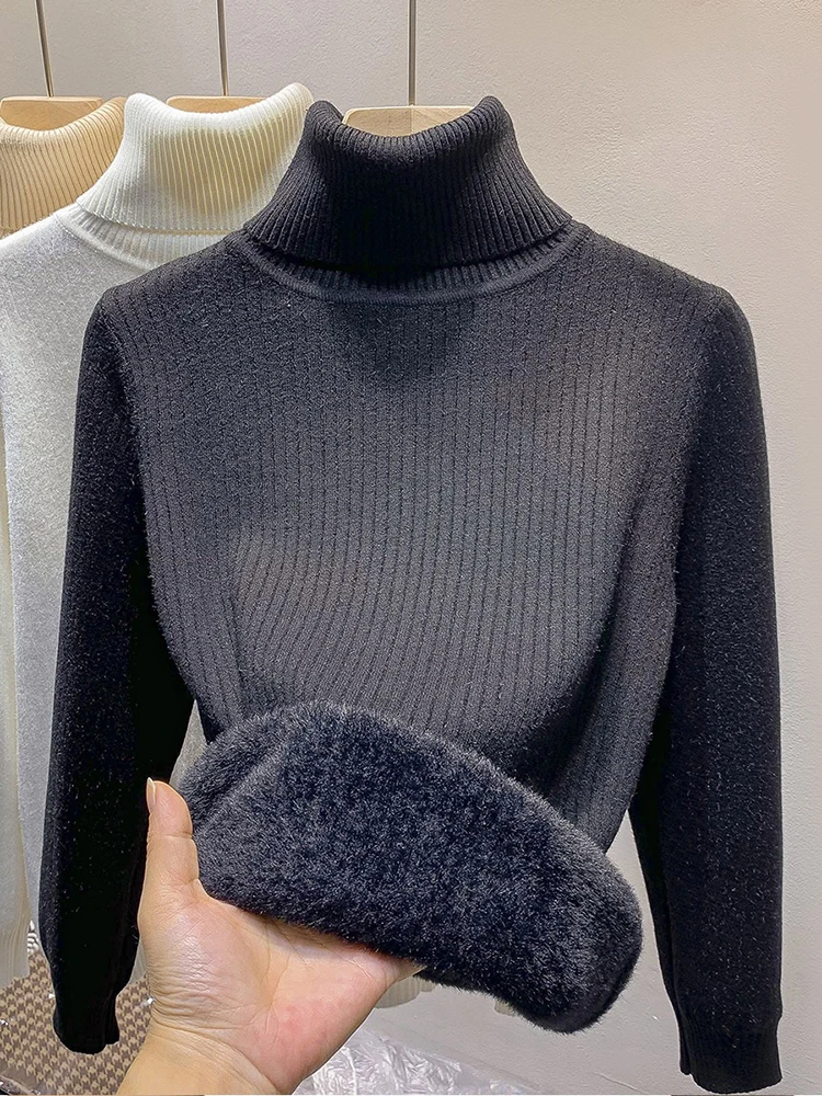 Thicken Plush Velvet Lined Knit Sweater Women Winter Slim Casual Warm Pullover Tops New Turtleneck Long Sleeve Knitwear Jumper