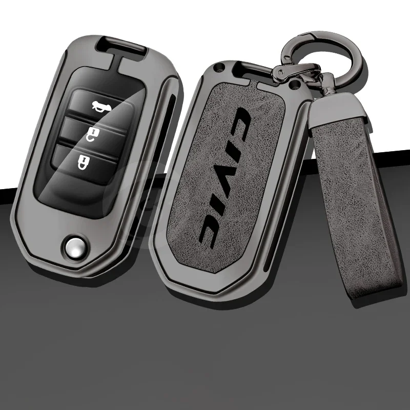 Zinc Alloy Leather Car Key Case Cover for Honda Civic 8th gen Folding Protected Key Replace Shell Keychain Auto Accessories