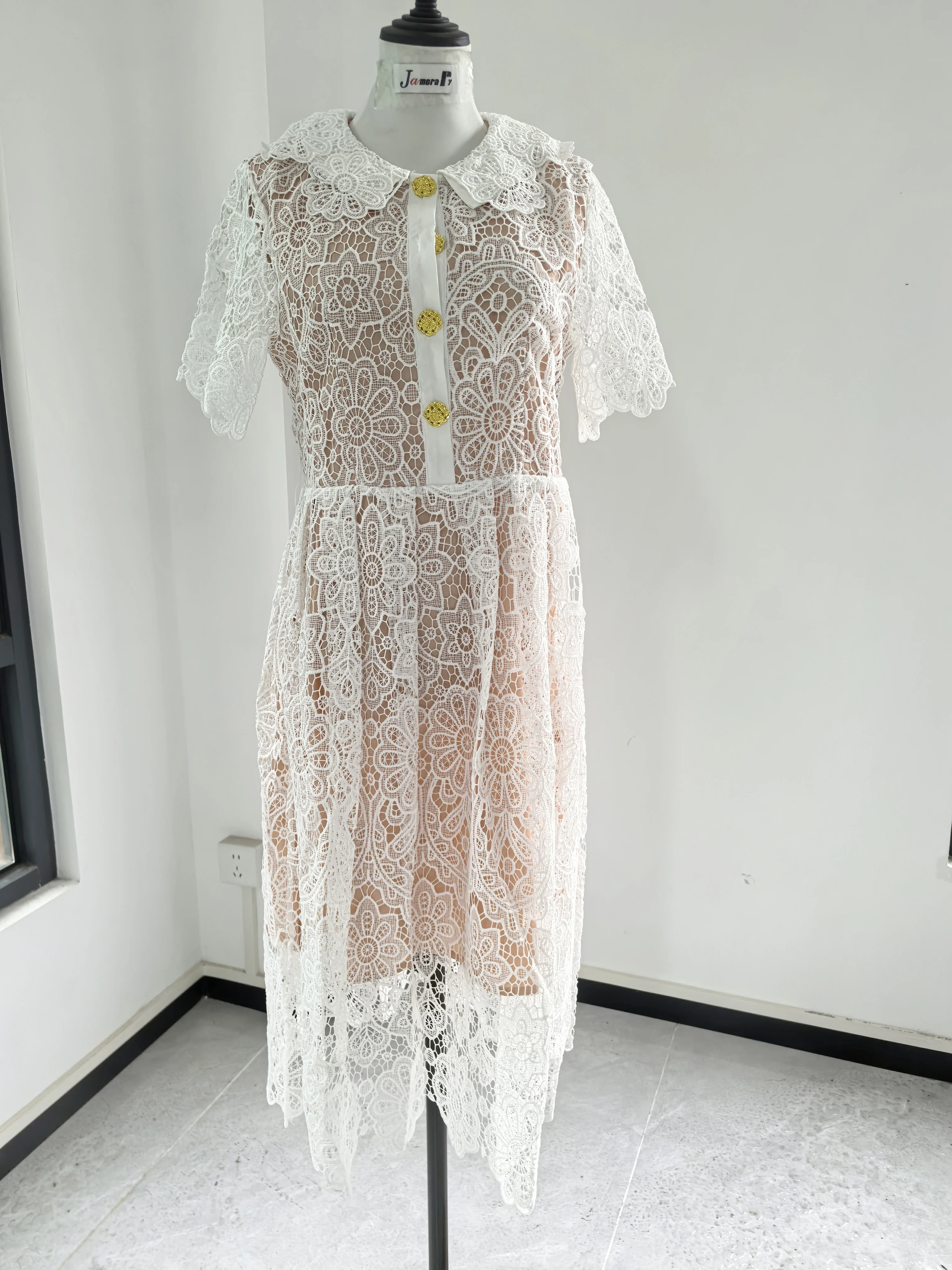 Women Summer Vintage Elegant Embroidery Hollow Out Midi A Line Lace Dress Office Lady Prom Evening Vestidos With Belt Elbise Za