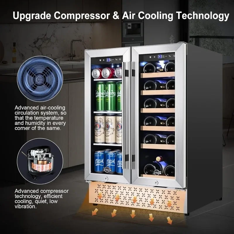 Wine and Beverage Refrigerator Dual Zone, French Door Wine and Beverage Cooler Built-In or Freestanding Drink Fridge