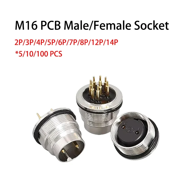 

5/10/100sets M16 Male/female Curved Straight Jack Socket 3 4 5 6 7 8 12 14pin IP67/68 Waterproof PCB Panel Connector Size 18mm