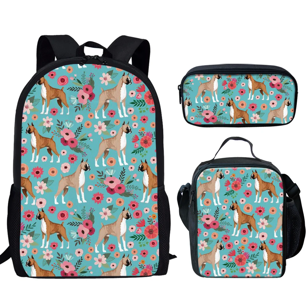 Cartoon Hond En Bloempatroon Rugzak 3 Stks/set Student Schooltas Met Lunch Tas Potlood Tas Teen Meisjes Jongens Casual Rugzak