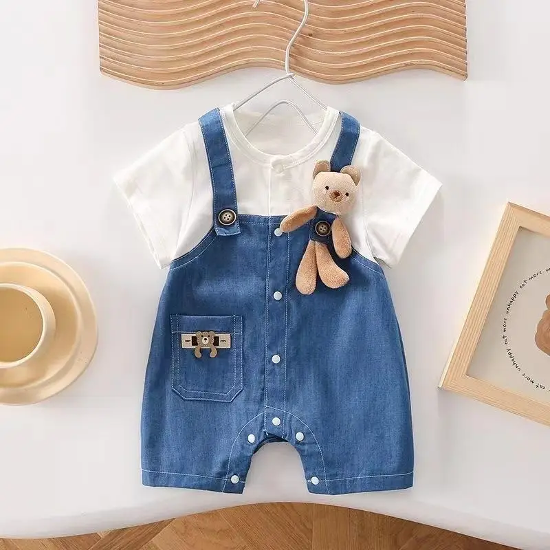 Ropa de verano para bebé, mono falso de dos piezas con tirantes de oso, pelele vaquero para niño y niña, traje infantil coreano