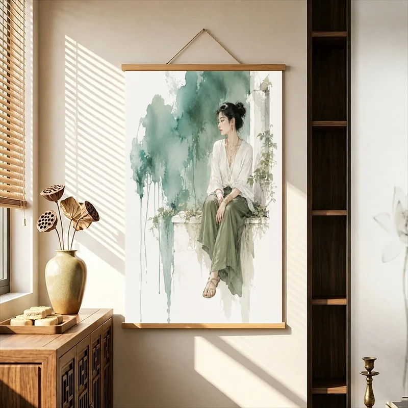 Old Southern Courtyard Canvas Wall Art Hanging Scroll Nostalgic Chinese Architecture Print with Wooden Rods for Room