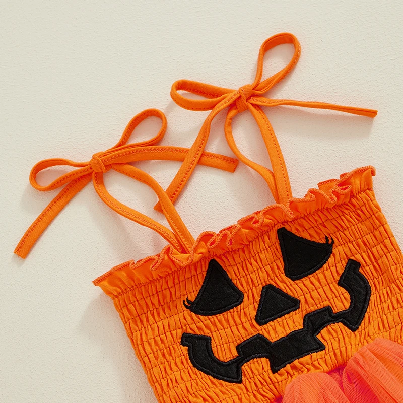 0-24Months Baby Girl Halloween Outfit Pumpkin Embroidery Shirred Spaghetti Strap Romper Dress Bow Headband 2 Piece Set