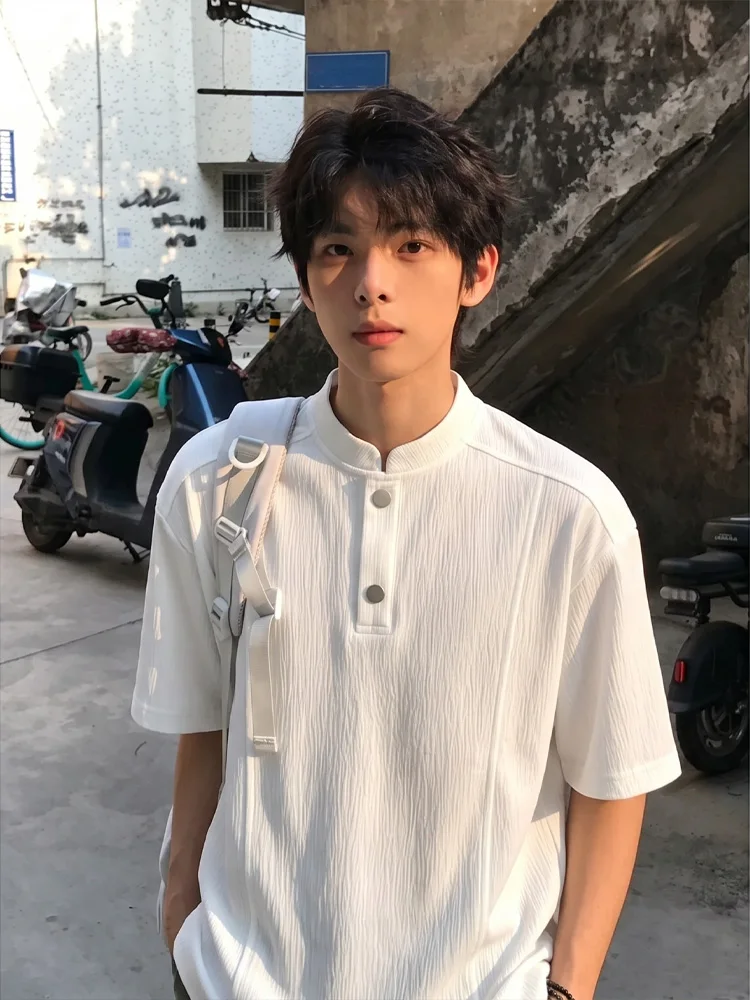 White Texture Henry Collar Ice Silk Short Sleeve  Shirt Men's Summer Deconstructed Shoulder American Half Sleeve T-Shirt
