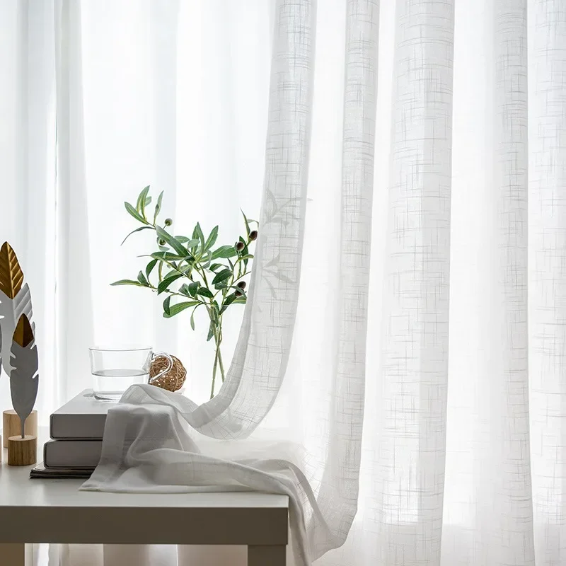 Simple Nordic Style Plain White Cross Cotton and Linen Curtains for Living Dining Room Bedroom