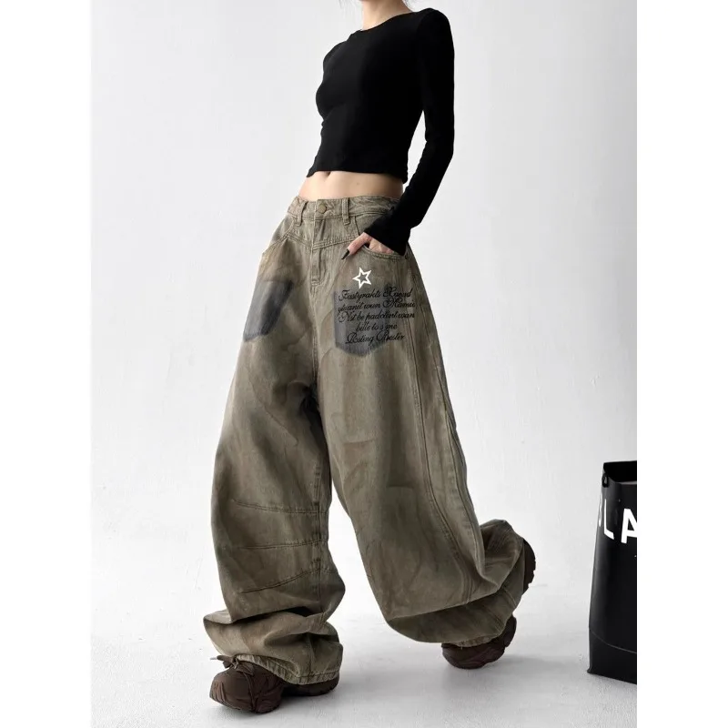 الشارع الأمريكي الهيب هوب الشارع الرقص واسعة الساق الجينز النساء الخريف الرجعية جديد فضفاض عادية Y2K موضة الشارع عالية الخصر الجينز