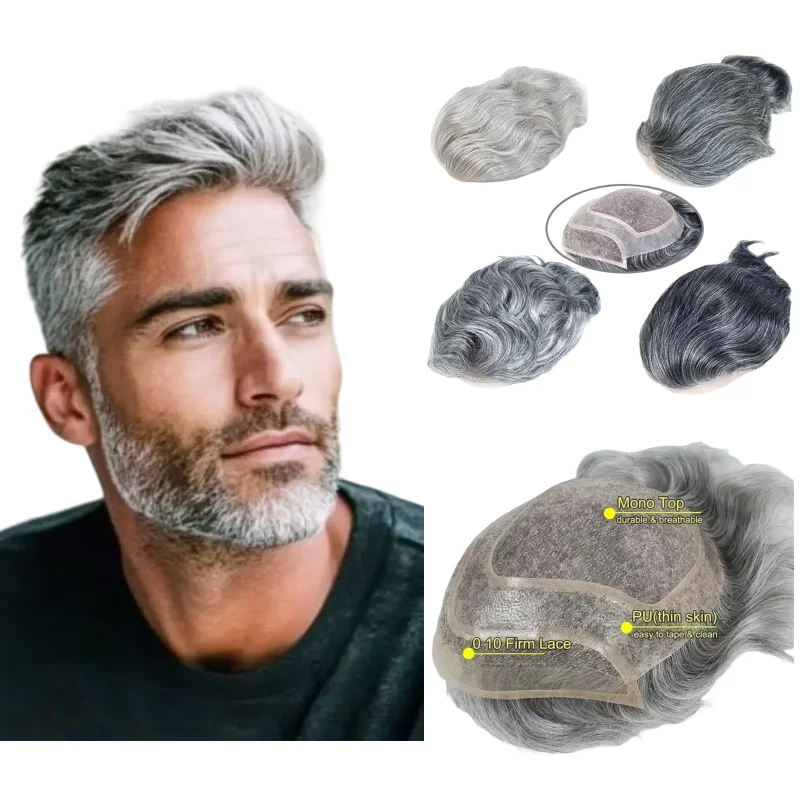 

Мужской парик с седыми 100% человеческими волосами, моно-основа, 8x10 дюймов, кружево с дышащими цветами из искусственной кожи 1B20 1B80 # 613 для активного ношения