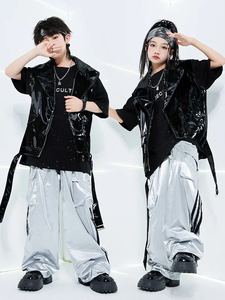 2024 neue Jazz moderne Tanz kostüme für Mädchen lose Weste silberne Hosen Anzug Jungen Hip Hop Tanz Performance Stage Wear