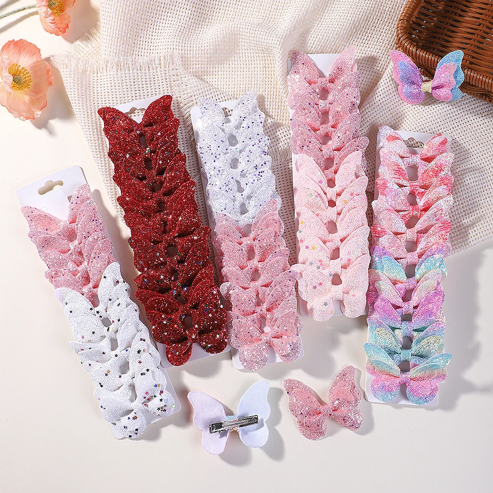 قوس قزح الأقواس لامعة فراشة الانحناء مقاطع الشعر للنساء الفتيات دبابيس الشعر الجلدية المشابك أغطية الرأس 10 قطعة/المجموعة هدية Hairgripes