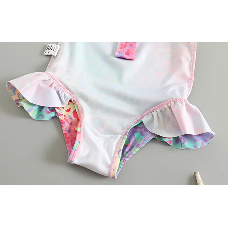 Kids Girls One Piece Swimsuit Gradient Leopard Print Long Sleeve Zipper Bathing Suit with Swim Cap UV Protection Beachwear