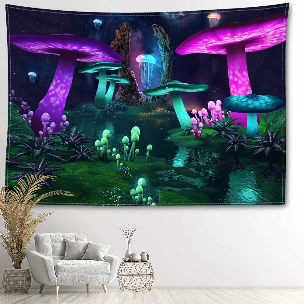 Green Purple Forest Mushroom Tapestry Wall Hanging Bohemian Mystical Witchcraft Living Room Background Cloth Home Decor