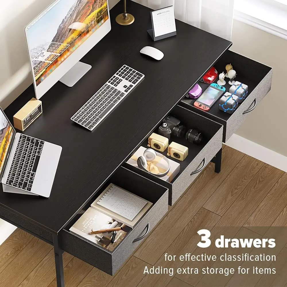 مكتب كمبيوتر مع 3 أدراج، مكتب غرفة نوم 47.2 ساعة مع مساحة تخزين، مكتب منزلي لمساحات الغرفة، دراسة الكتابة الحديثة للعمل #3