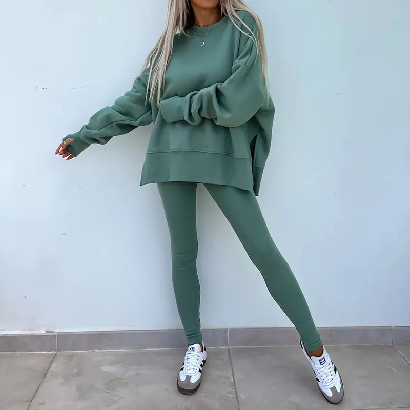 2024 O-Neck Long Sleeved Sweatshirt Tops&Legging Two Piece Tracksuit New Winter Solid Commuter Suit Autumn Lady Sportwear Women