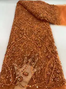 Tecido de renda nigeriano com miçangas e lantejoulas para festa de casamento, tule francês mais recente, bordado africano, laranja, alta qualidade, 2023