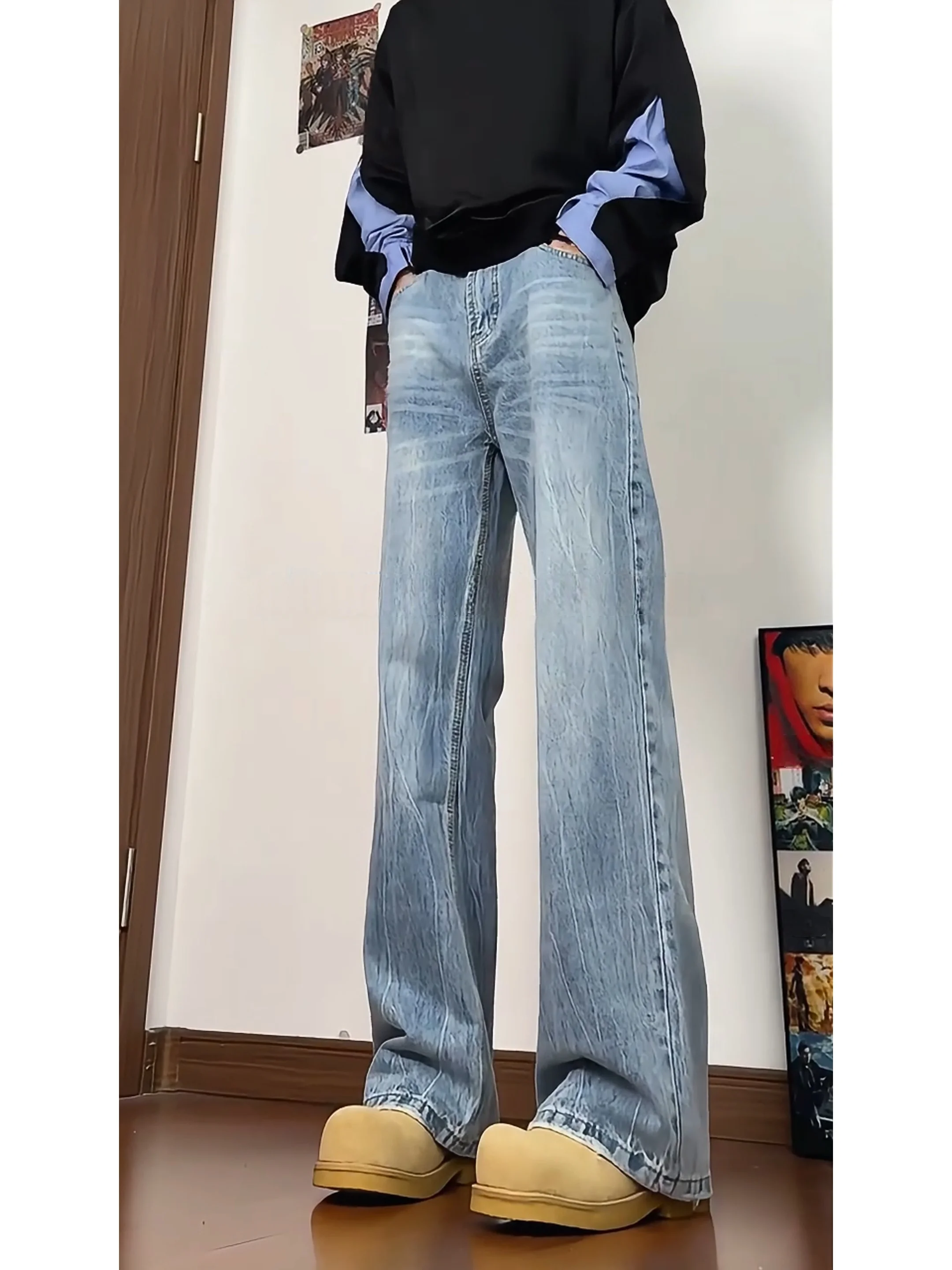 

Waed Straight Leg Men's Jeans Hiphop American Sle Spring Autumn High Waist Torn Lightning Pattern Casual Jeans