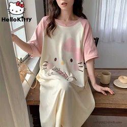 Sanrio Cartoon Summer Cute Dress Women Hello Kitty Short Sleeve Sleepshirts Medium Long Style Nightgowns Y2k Soft Home Clothes